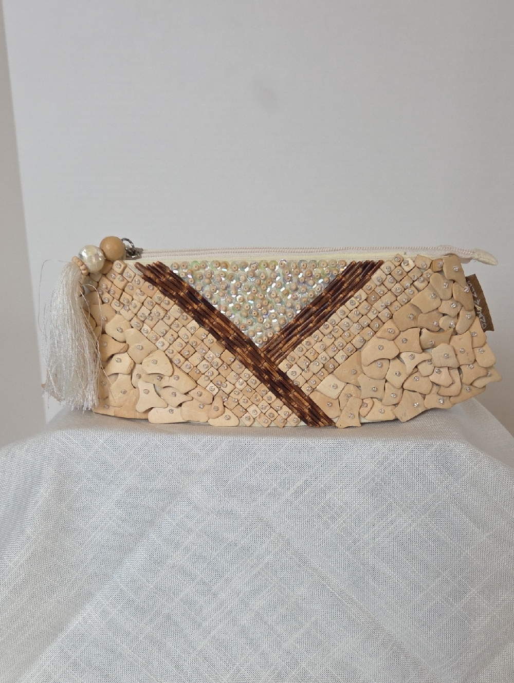Embellished Cream Wristlet Clutch with Tassel